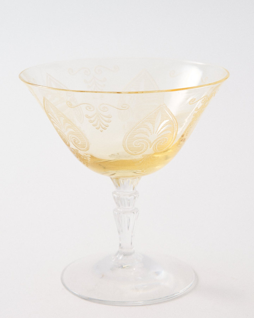1930s American Etched Fleur-de-lis Topaz Low Waterfall Stem Cocktail Glass