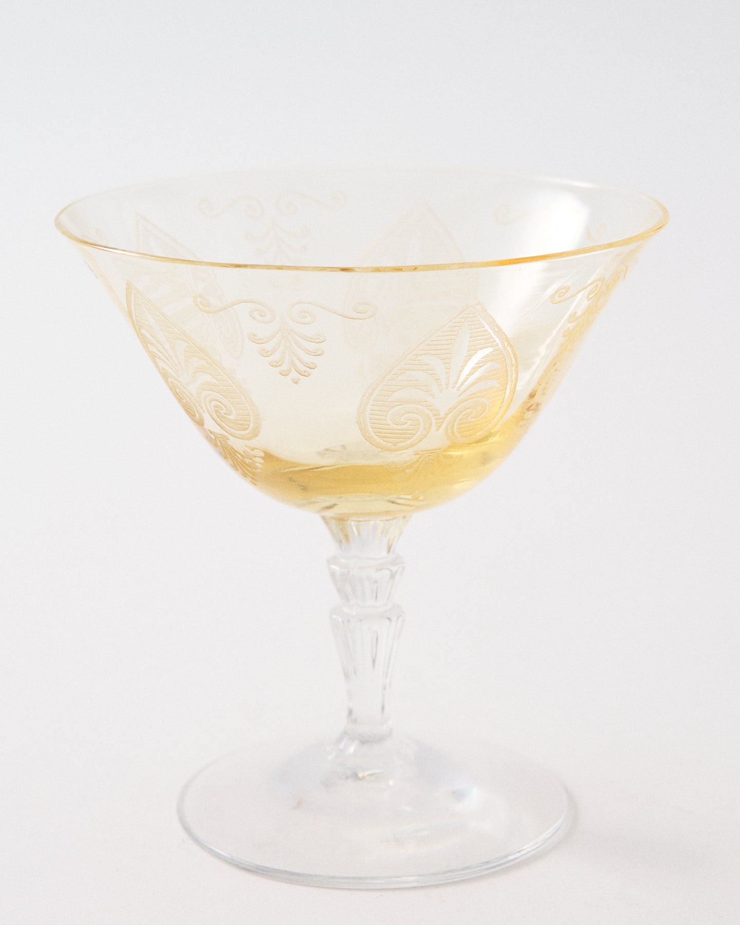 1930s American Etched Fleur-de-lis Topaz Low Waterfall Stem Cocktail Glass
